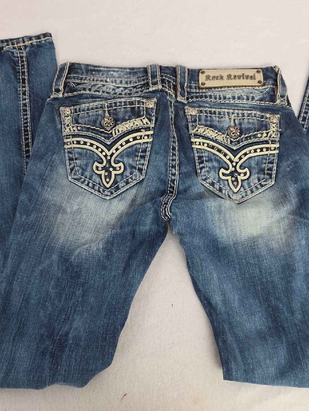 Rock Revival Blue Distressed Midrise Embroidered Denim Bootcut Jeans Size 26